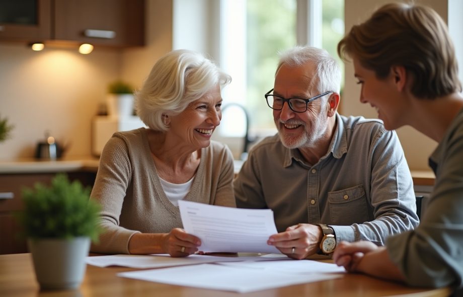 Elderly couple smiling while reviewing papers with a younger woman at a kitchen table, suggesting a supportive conversation about retirement planning.
