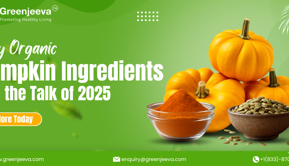Image promoting organic pumpkin ingredients with pumpkins, pumpkin seeds, and spice powder, highlighting their popularity for 2025.