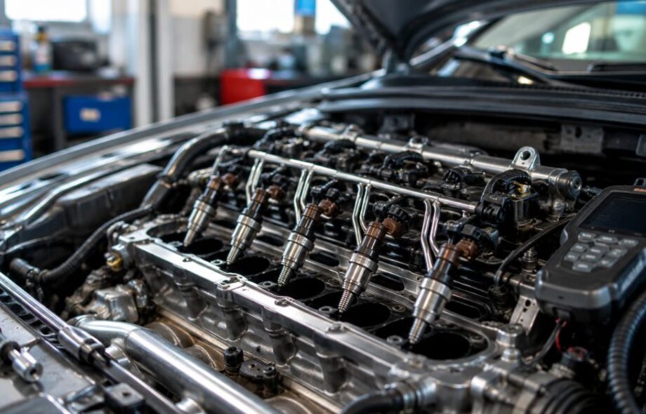 Fuel injector replacement process inside a car engine bay